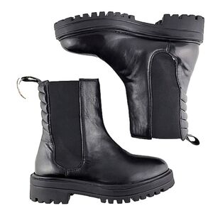 NWT Allonsi Women's Chelsea Pull On Short Boots Black Leather Chunky Lug Sole 6